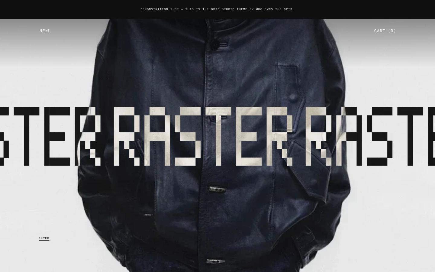 RASTER, home page on a desktop