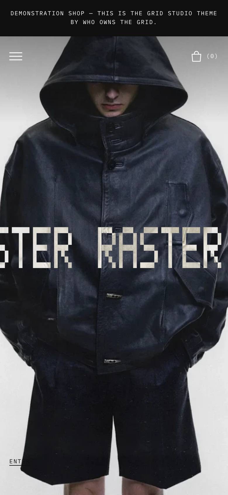 RASTER demo store built with GRID STUDIO, on a phone